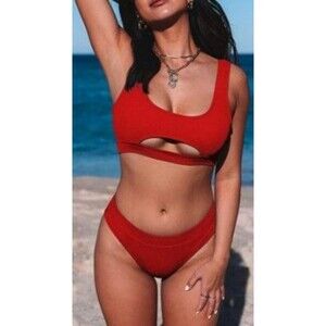 Scoop Neck Bikini Crop Top High Cut Red Sporty High Waisted Swimsuit Sz L